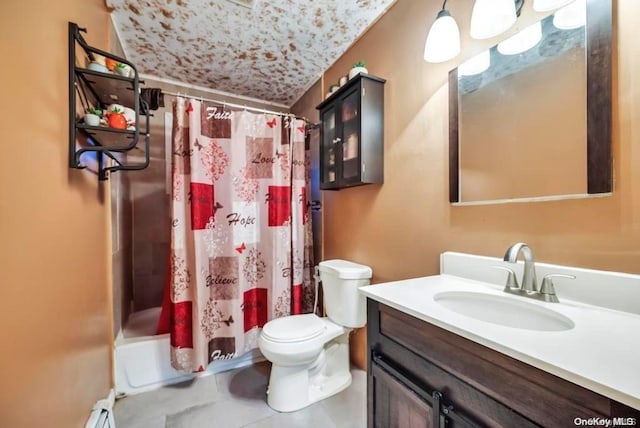 full bathroom with shower / bathtub combination with curtain, tile patterned flooring, vanity, and toilet