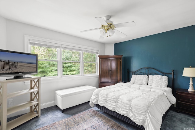 bedroom featuring ceiling fan and multiple windows