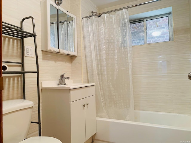 full bathroom with decorative backsplash, vanity, shower / bathtub combination with curtain, tile walls, and toilet