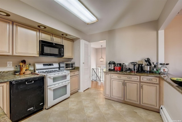 kitchen featuring a baseboard heating unit, dark stone countertops, decorative light fixtures, light tile patterned floors, and black appliances