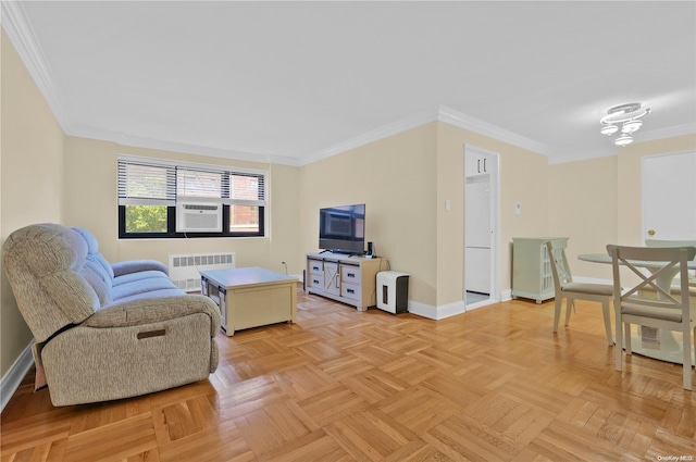 living room featuring light parquet flooring, cooling unit, radiator, and crown molding