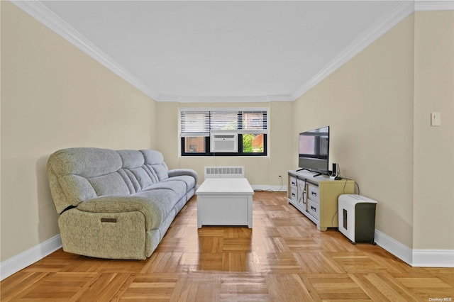 living room with cooling unit, crown molding, and light parquet floors