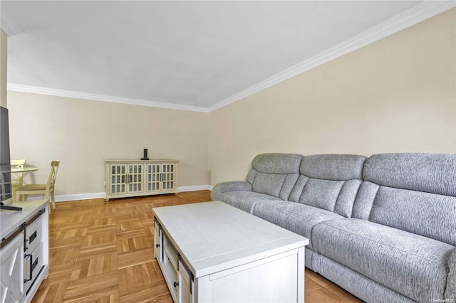 living room with light parquet flooring and ornamental molding