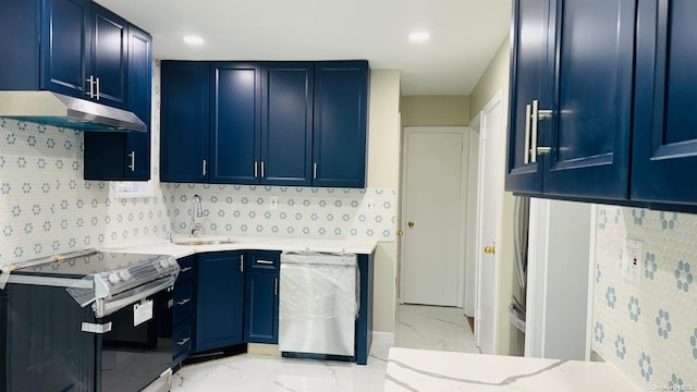 2041 New Hyde Park Rd, New Hyde Park, NY 11040 - kitchen featuring under cabinet range hood, electric range, stainless steel dishwasher, a sink, and blue cabinets