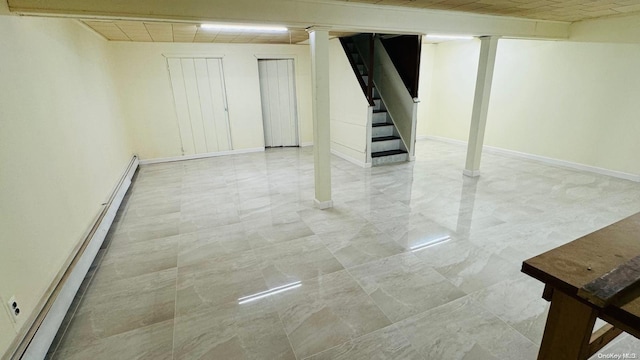 2041 New Hyde Park Rd, New Hyde Park, NY 11040 - finished below grade area with baseboard heating, stairs, and baseboards