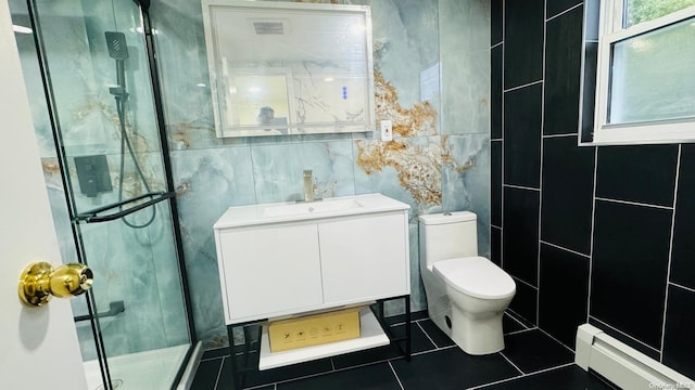 2041 New Hyde Park Rd, New Hyde Park, NY 11040 - full bath with a baseboard radiator, tile walls, a shower stall, vanity, and toilet