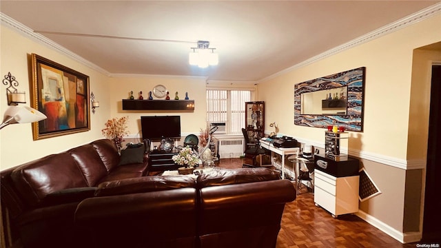 living room featuring crown molding, radiator heating unit, dark parquet floors, and an inviting chandelier