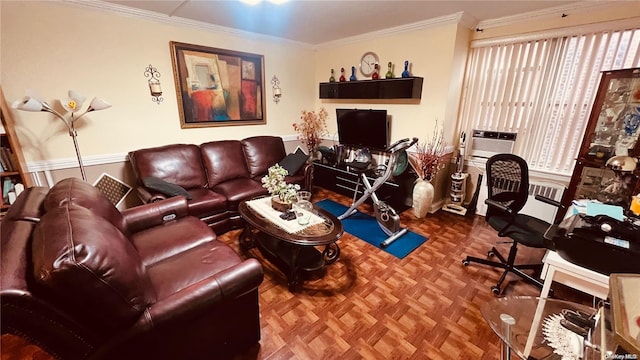 living room featuring cooling unit, parquet floors, and ornamental molding