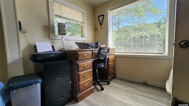 office space with plenty of natural light and light hardwood / wood-style floors