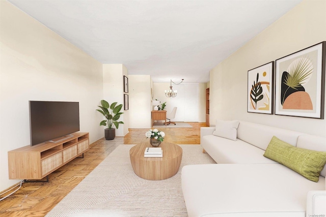 living room featuring light parquet flooring and a notable chandelier