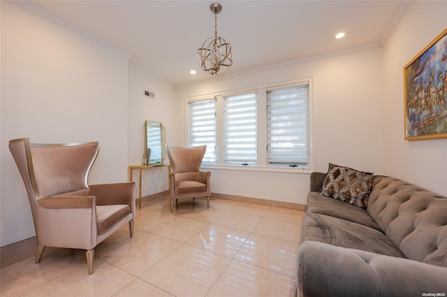 sitting room featuring light tile patterned floors, a notable chandelier, and ornamental molding