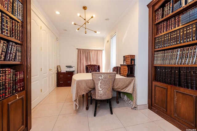 tiled dining space with a chandelier and crown molding