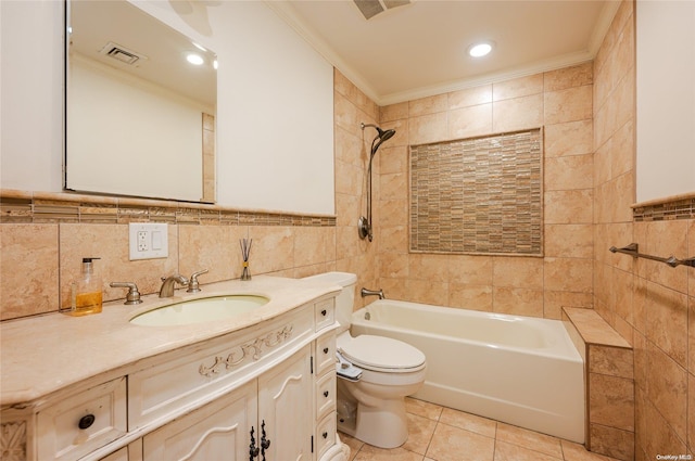 full bathroom with tile patterned floors, tiled shower / bath combo, ornamental molding, and tile walls