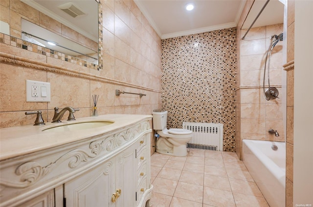 full bathroom with crown molding, tile patterned flooring, tiled shower / bath combo, tile walls, and radiator heating unit