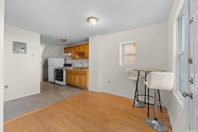 kitchen with light hardwood / wood-style floors, white appliances, sink, and electric panel