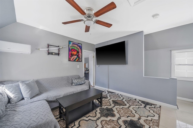 tiled living room with ceiling fan and a wall mounted air conditioner