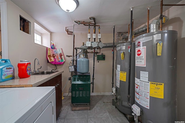 utility room with washer / clothes dryer, water heater, and sink