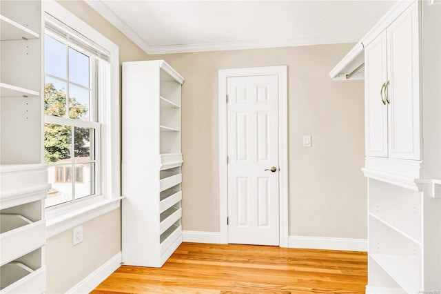 walk in closet with light hardwood / wood-style floors