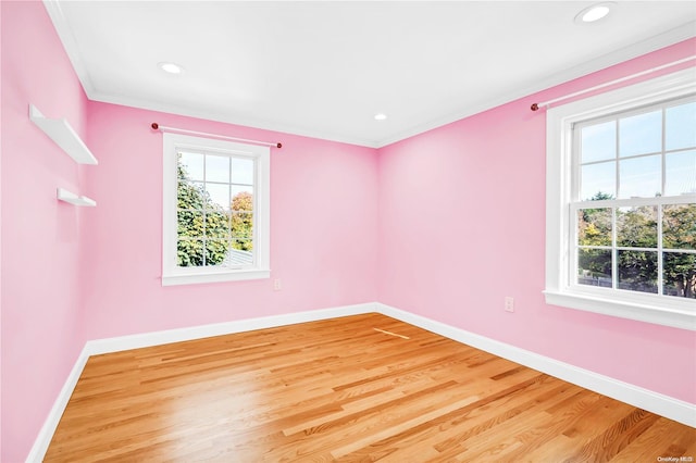 spare room with crown molding and wood-type flooring