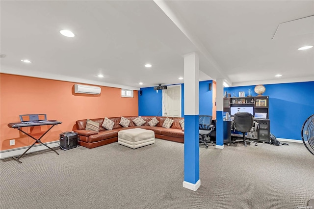 carpeted living room featuring a baseboard radiator and an AC wall unit