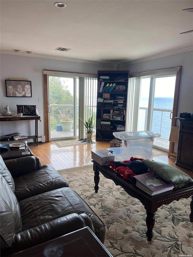 living room featuring crown molding, a water view, and light hardwood / wood-style floors