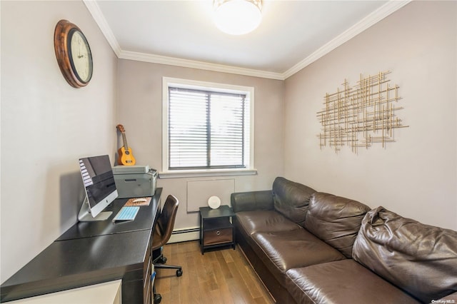 office featuring light wood-type flooring, baseboard heating, and crown molding