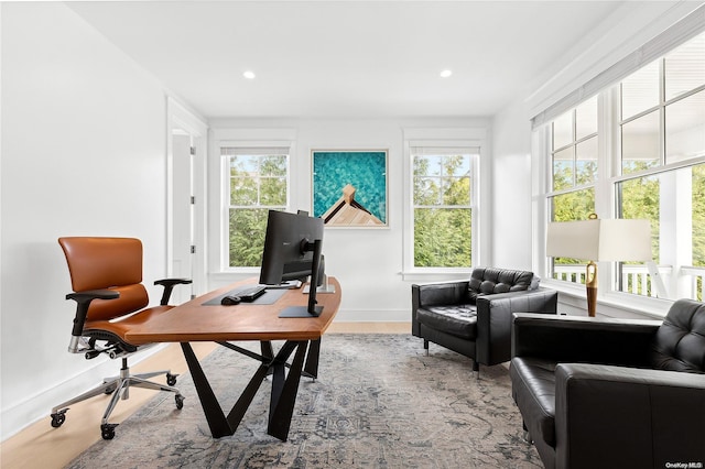 office with a healthy amount of sunlight and hardwood / wood-style flooring