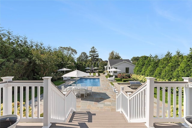 view of pool with a grill and a patio area