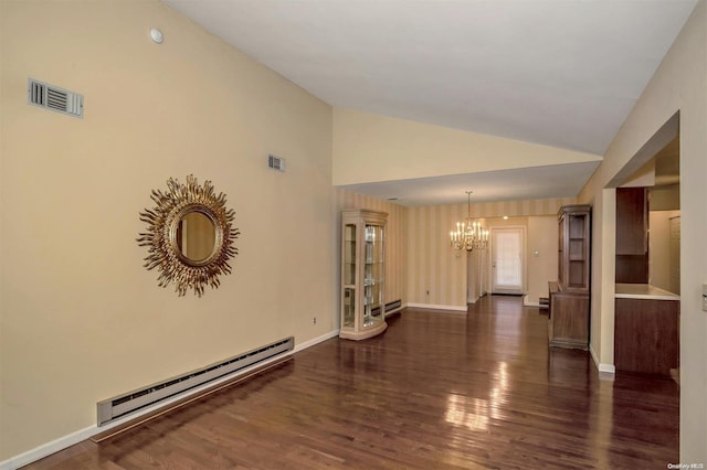 unfurnished living room featuring a chandelier, a baseboard radiator, high vaulted ceiling, and dark wood-type flooring