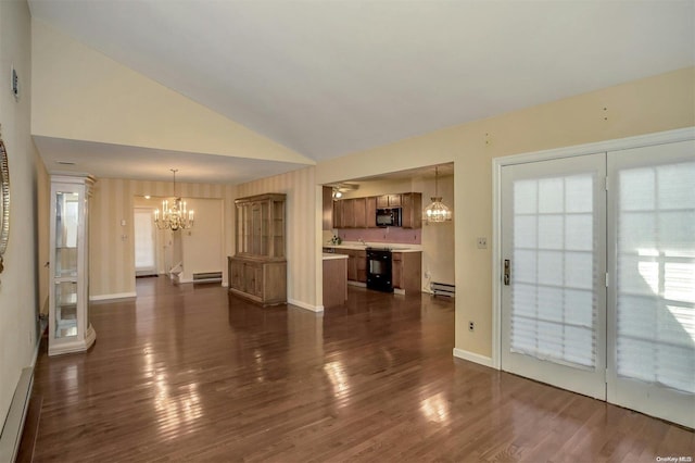 unfurnished living room featuring baseboard heating, dark hardwood / wood-style flooring, high vaulted ceiling, and a notable chandelier