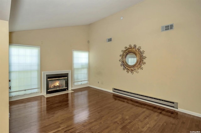 unfurnished living room featuring wood-type flooring, high vaulted ceiling, and a baseboard heating unit