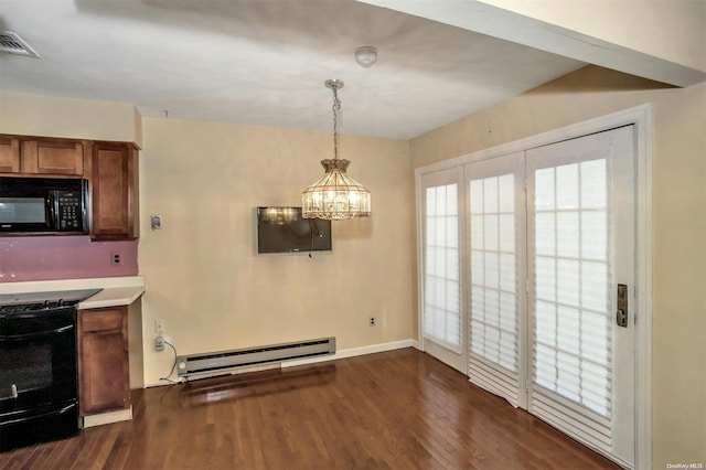 kitchen featuring baseboard heating, black appliances, pendant lighting, an inviting chandelier, and dark hardwood / wood-style floors