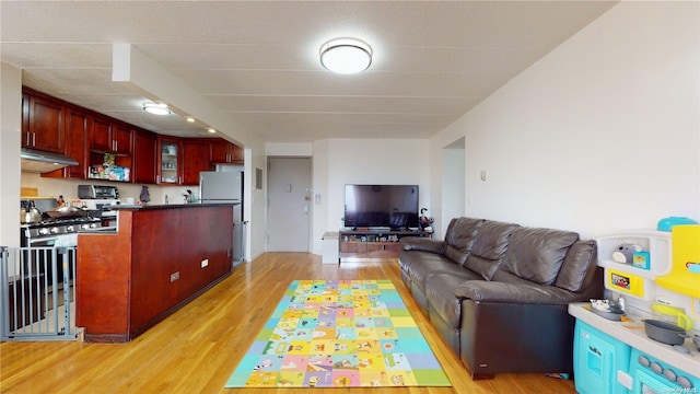 kitchen with light wood-type flooring and stainless steel refrigerator