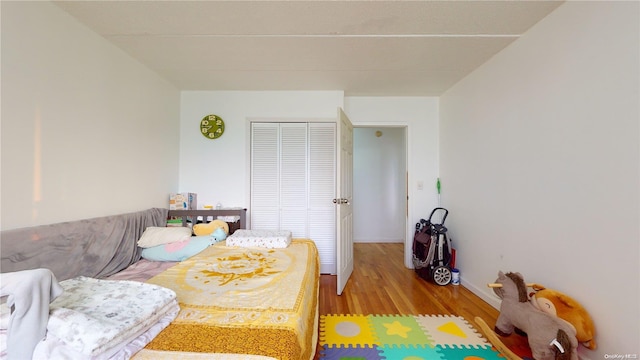 bedroom featuring wood-type flooring and a closet