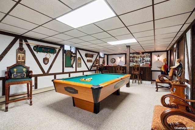 rec room with bar area, a drop ceiling, carpet floors, and billiards