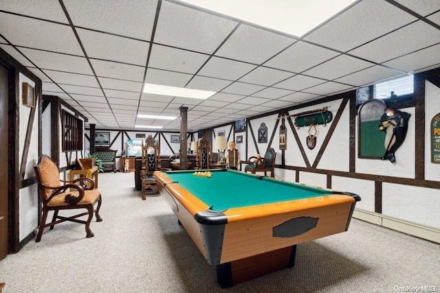 game room with carpet flooring, a paneled ceiling, and pool table