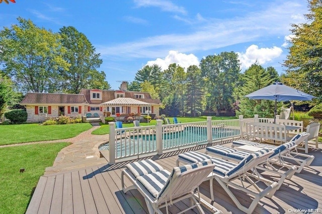 view of pool featuring a deck and a yard