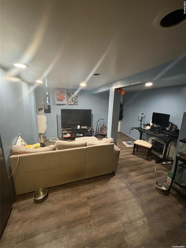 living room featuring dark wood-type flooring