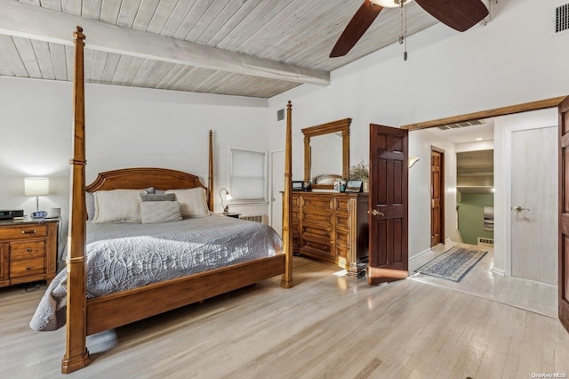 bedroom featuring beamed ceiling, wood ceiling, ceiling fan, and light hardwood / wood-style flooring