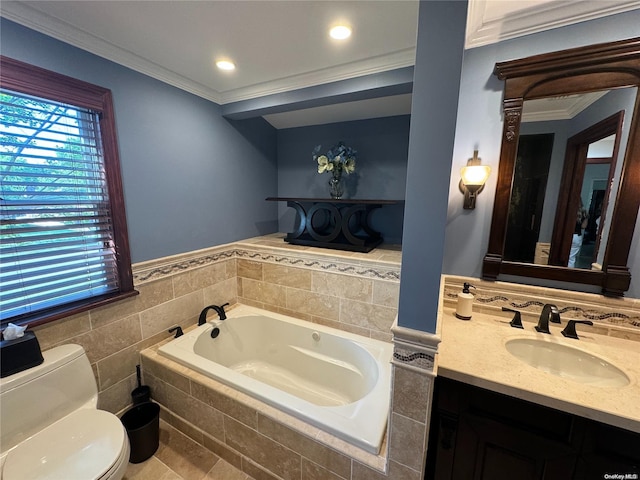 bathroom featuring a relaxing tiled tub, vanity, crown molding, and toilet