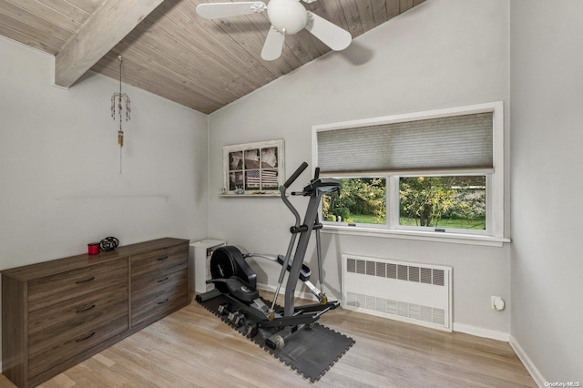 workout area with lofted ceiling, radiator, light hardwood / wood-style flooring, and wooden ceiling