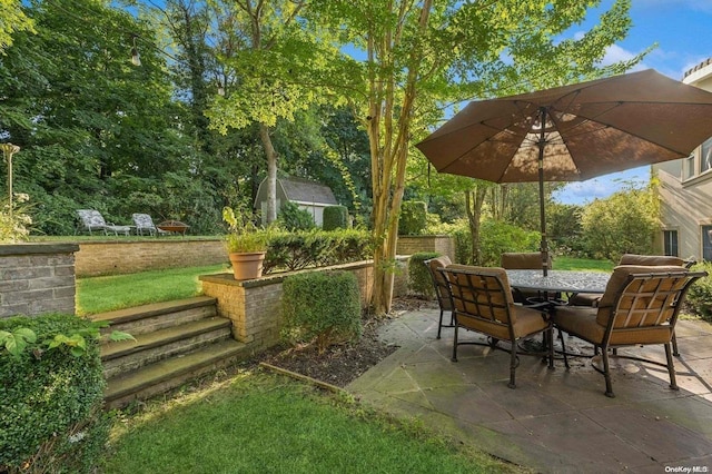 view of patio / terrace with a shed