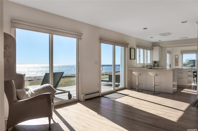 doorway to outside with hardwood / wood-style floors, a water view, and a baseboard radiator