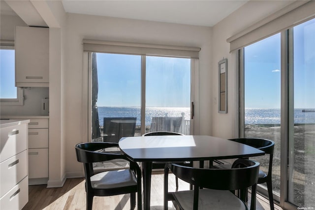 dining space with a water view and wood-type flooring