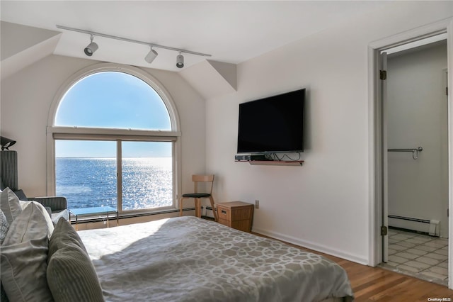 bedroom with hardwood / wood-style flooring, rail lighting, and a baseboard heating unit