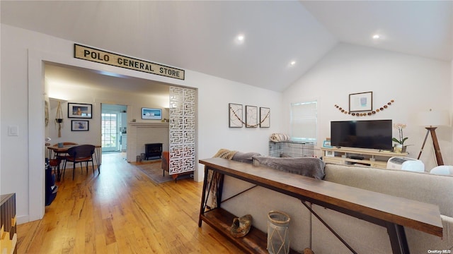 living room with light hardwood / wood-style floors and high vaulted ceiling