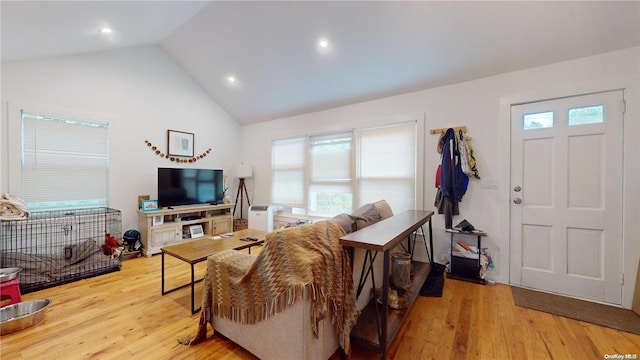 living room featuring light wood-type flooring and lofted ceiling