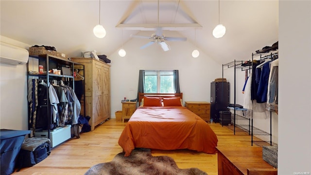 bedroom featuring ceiling fan, light hardwood / wood-style floors, beam ceiling, and high vaulted ceiling