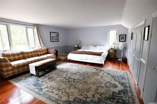 bedroom with hardwood / wood-style flooring and lofted ceiling