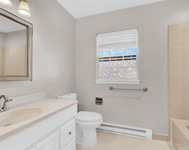 full bathroom featuring vanity, a baseboard heating unit, shower / washtub combination, tile patterned flooring, and toilet